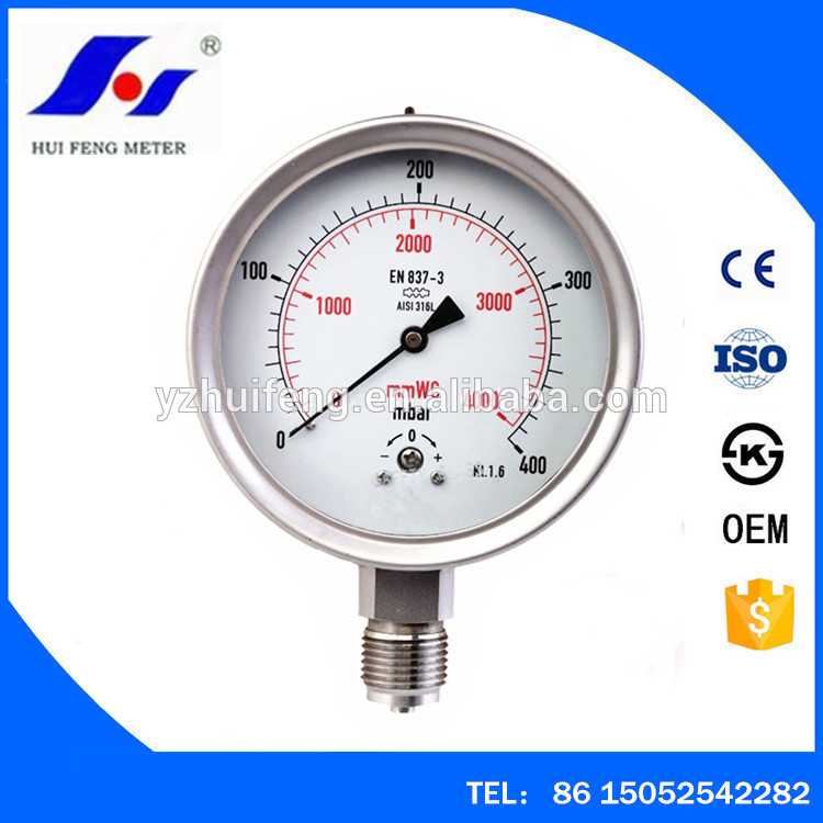 HF All SS 0-400mbar 0-4000mmWC Pressure Gauge Low Pressure Capsule Gauge EN837-1